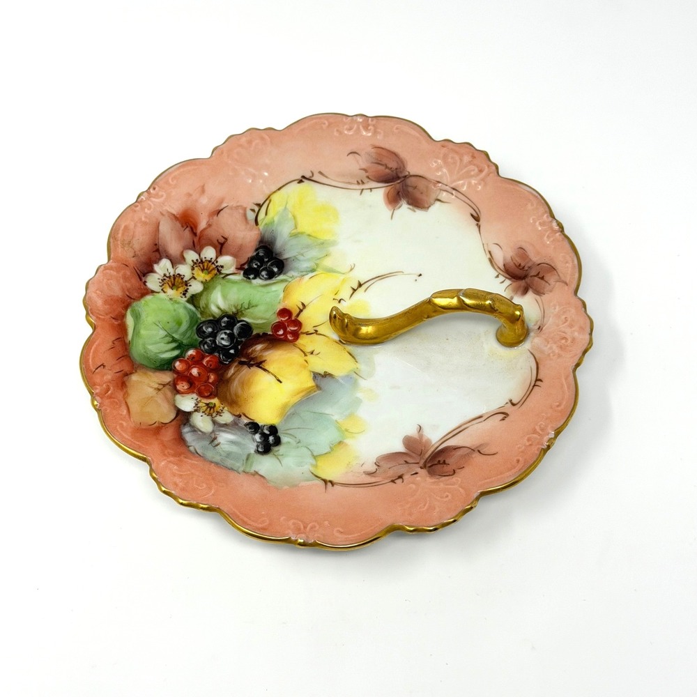 C‎ Durflinger Handled Plate Hand Painted Fruit Porcelain Peach Gold 6.5 In